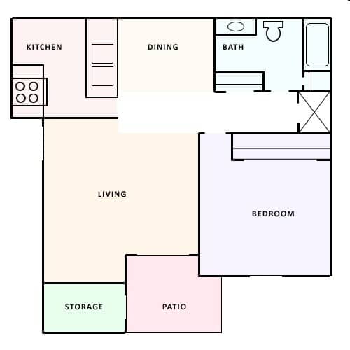 A floor plan of a house with a living room, dining room, kitchen, bedroom, bathroom, storage, and patio.