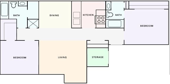 A floor plan of a house with labeled rooms such as Bath, Dining, Kitchen, Bedroom, Living, and Storage.