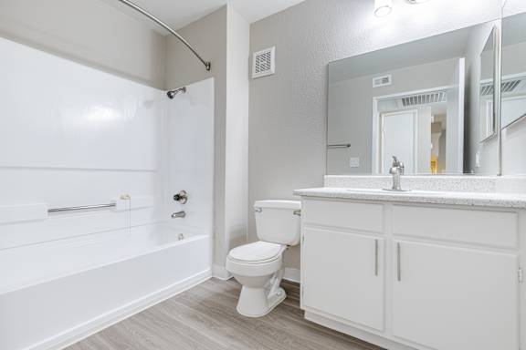a bathroom with a bathtub and a toilet
