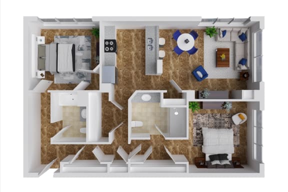 a 3d rendering of our 1 bedroom apartment at princeton court apartments in dallas