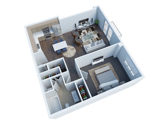 A 3D floor plan of a house with a living room, kitchen, dining room, and bedrooms.
