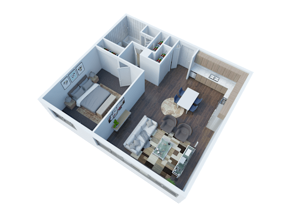 Floor Plan  A 3D floor plan of a house with a kitchen, living room, and two bedrooms.