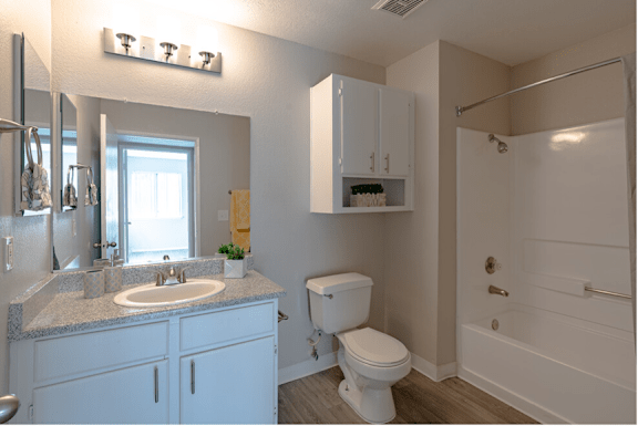 a bathroom with a sink toilet and bathtub