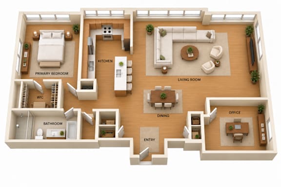 A 3D floor plan of a house showing the layout of the rooms.
