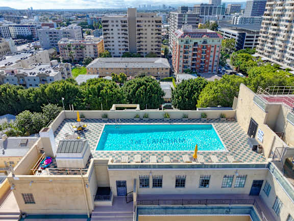 Aerial view of the swimming pool at The Langham Apartments, Los Angeles