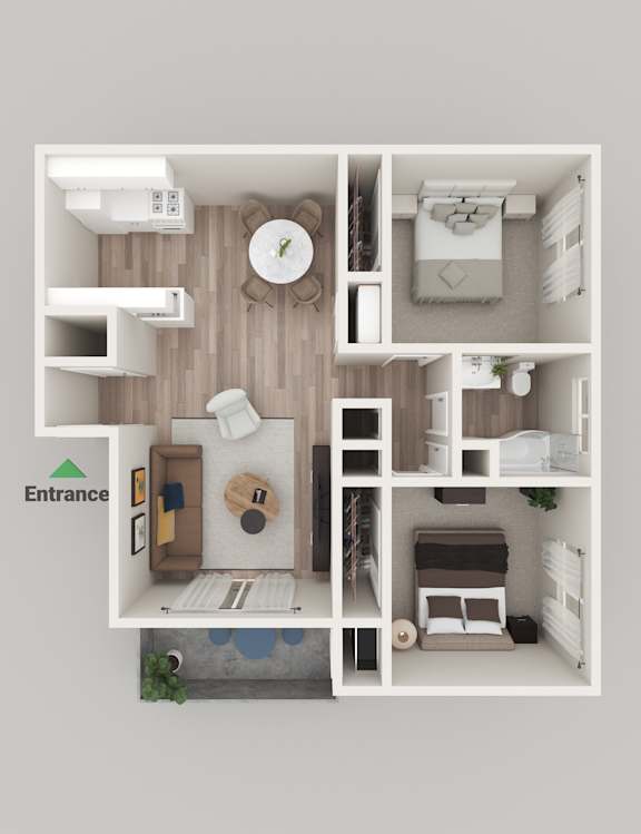 a 3d rendering of a bedroom floor plan with a living room and dining room