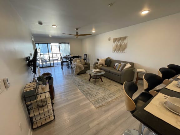 a living room with a couch and a table