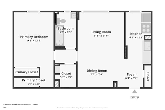 One Bedroom - 808 SF Floor Planat Park Wilshire, California