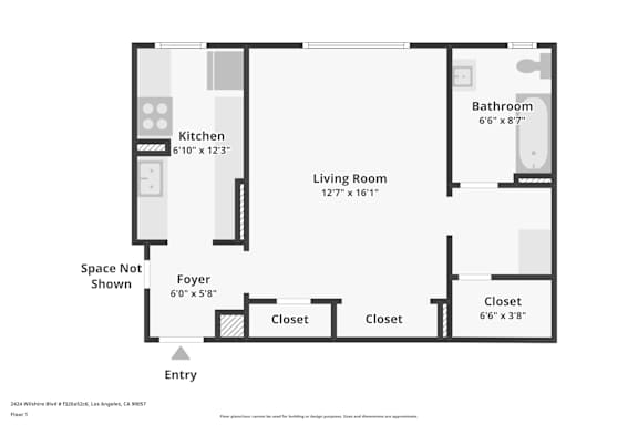 Studio - 525 SF Floor Plan at Park Wilshire, Los Angeles