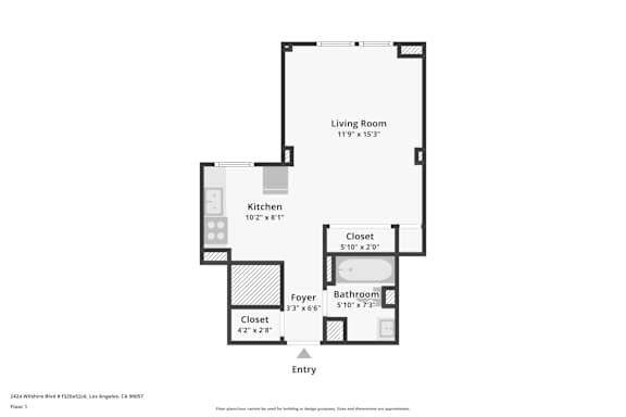 Studio B - 470 SF Floor Plan at Park Wilshire, Los Angeles California