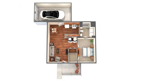 A top down view of a house with a car parked outside.