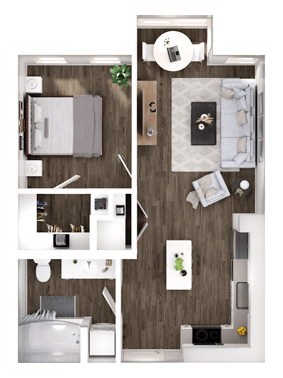 A top-down view of a small apartment with a bedroom, living room, and kitchen.