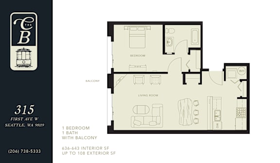A floor plan for a property at 315 First Ave W in Seattle, WA showing a single bedroom with a bath and balcony.