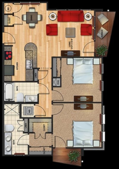 B3 floor plan 2 bed 2 bath 1040 sqft