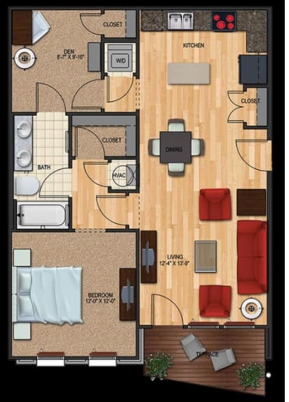 B1 floor plan 2 bed 1 bath 824 sqft