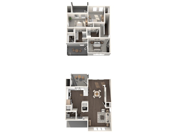 Two floor plans of a house with a kitchen, living room, and bedrooms.