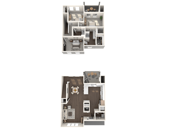Two images of a dollhouse living room with furniture.