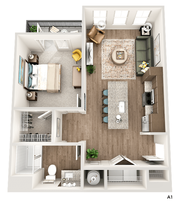 A 3D floor plan of a house showing a living room, kitchen, and two bedrooms.