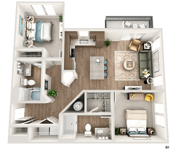 A detailed 3D floor plan of a two-bedroom apartment.