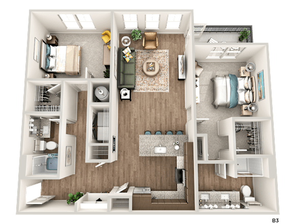 A detailed 3D floor plan of apartment B3 with various rooms and furniture.