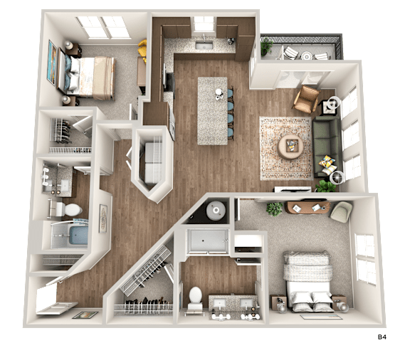 A 3D floor plan of a house with a living room, kitchen, and bedrooms.