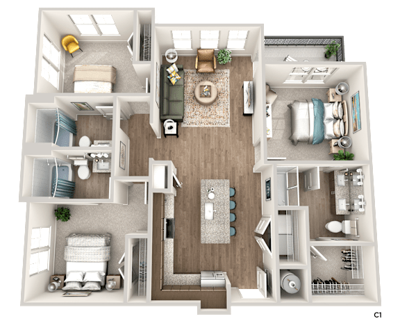 A detailed 3D floor plan of a three-bedroom apartment.