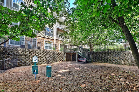 A backyard with a tree, a fence, and a building in the background.