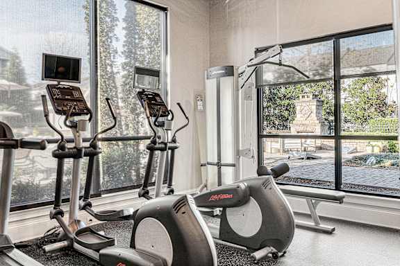A gym with treadmills, elliptical machines, and a view of a courtyard through the windows. at Echo at Lake Norman, Mooresville, NC