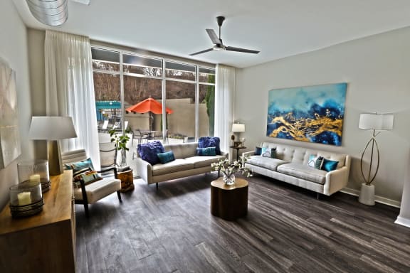 Living room area at Mariposa Lofts, Atlanta, Georgia