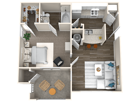 Floor Plan  A 3D floor plan of a house showing a living room, kitchen, and two bedrooms.