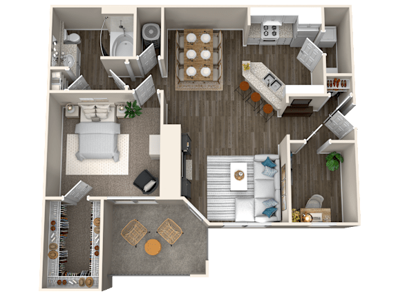 Floor Plan  A top-down view of a house layout with a living room, kitchen, dining area, and bathroom.
