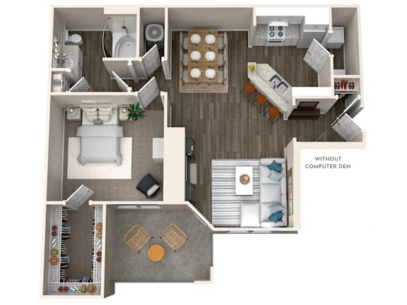 A 3D layout of a house with a kitchen, living room, and dining area.