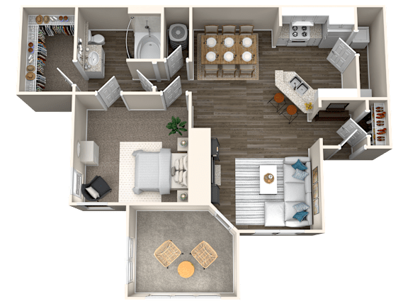 Floor Plan  A 3D floor plan of a house with multiple rooms and furniture.