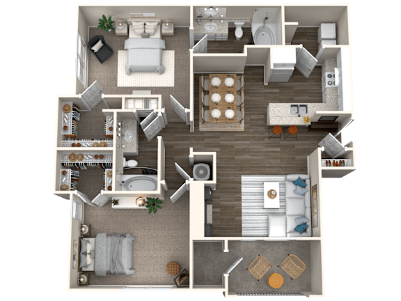 Floor Plan  A detailed 3D floor plan of a two-bedroom apartment.