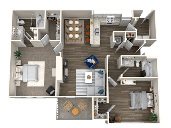 A top-down view of a house layout with multiple rooms and furniture.