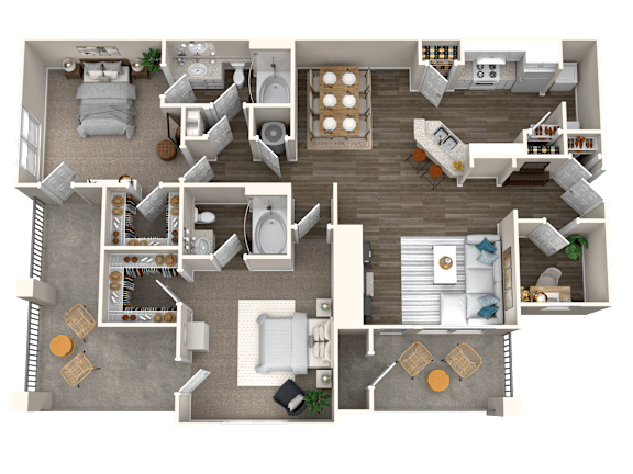 A detailed 3D floor plan of a house showing all rooms and furniture layout.