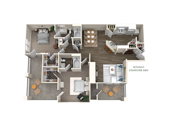 Floor Plan  A floor plan of a house with a kitchen, living room, and bedrooms.