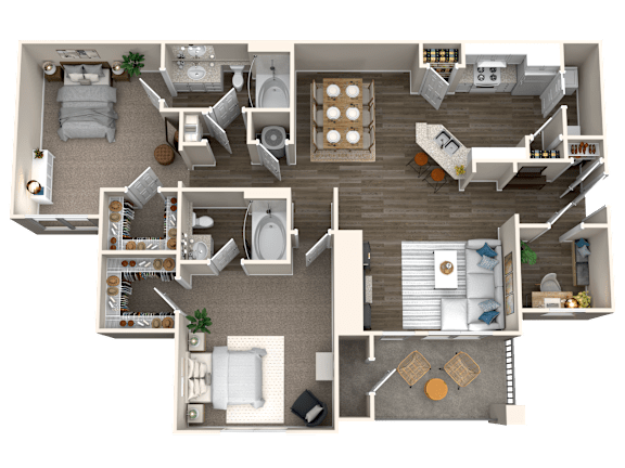 Floor Plan  A detailed 3D floor plan of a two-story residential apartment.