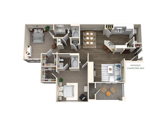 A floor plan of a house with a living room, kitchen, and two bedrooms.