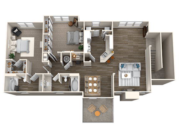 A 3D floor plan of a house with a kitchen, living room, dining room, and two bedrooms.