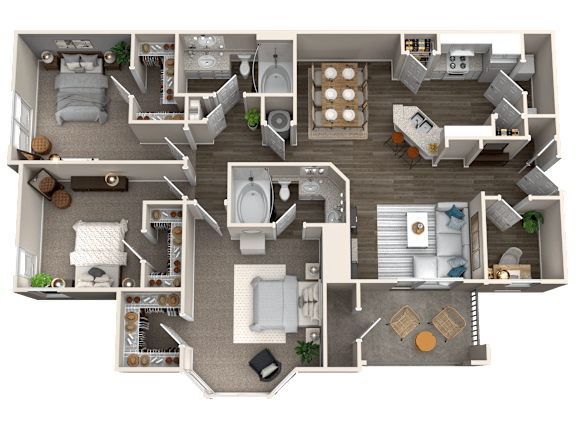 Floor Plan  A detailed 3D floor plan of a two-story house with multiple rooms and furniture.