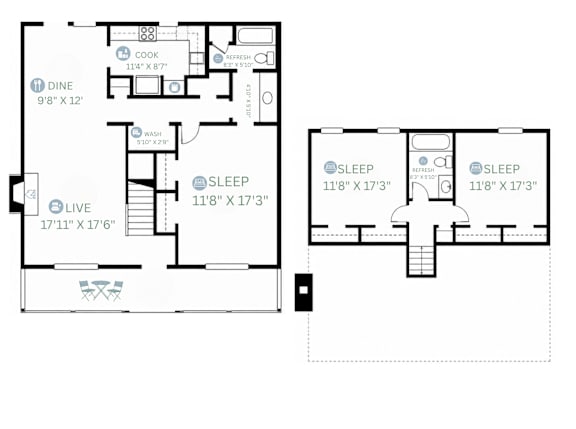 A floor plan of a two bedroom apartment with a living room, kitchen, and bathroom.
