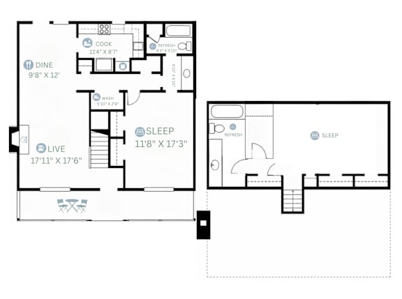 A floor plan of a two-bedroom apartment with a living room, kitchen, and bathroom.