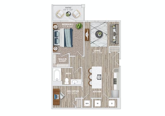 A floor plan of a house with a living room, kitchen, and bathroom.
