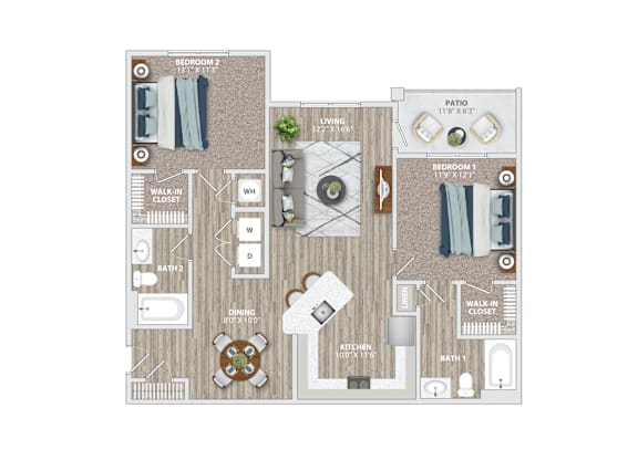 Floor Plan  A floor plan of a house with two bedrooms, a living room, a kitchen, a dining room, and a patio.