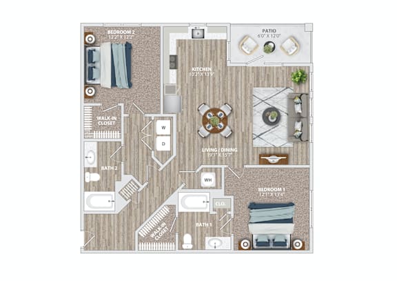 Floor Plan  A floor plan of a house with two bedrooms, a kitchen, a patio, and a walk-in closet.