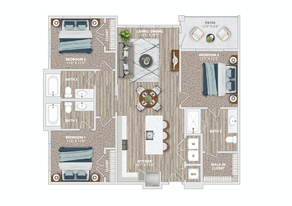 A floor plan of a house with three bedrooms, a living room, a kitchen, a bathroom, and a patio.
