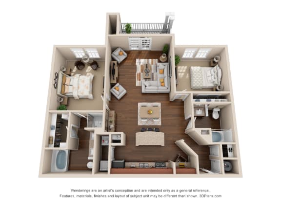 this is a 3d floor plan of a 752 square foot 1 bedroom apartment at the