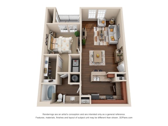 a 3d floor plan of a 1 bedroom apartment
