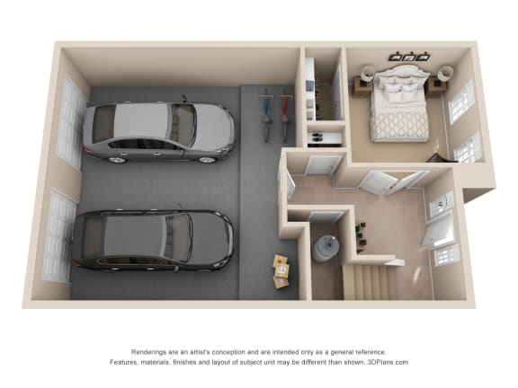 a stylized floor plan of a studio apartment with a car parked in the living room